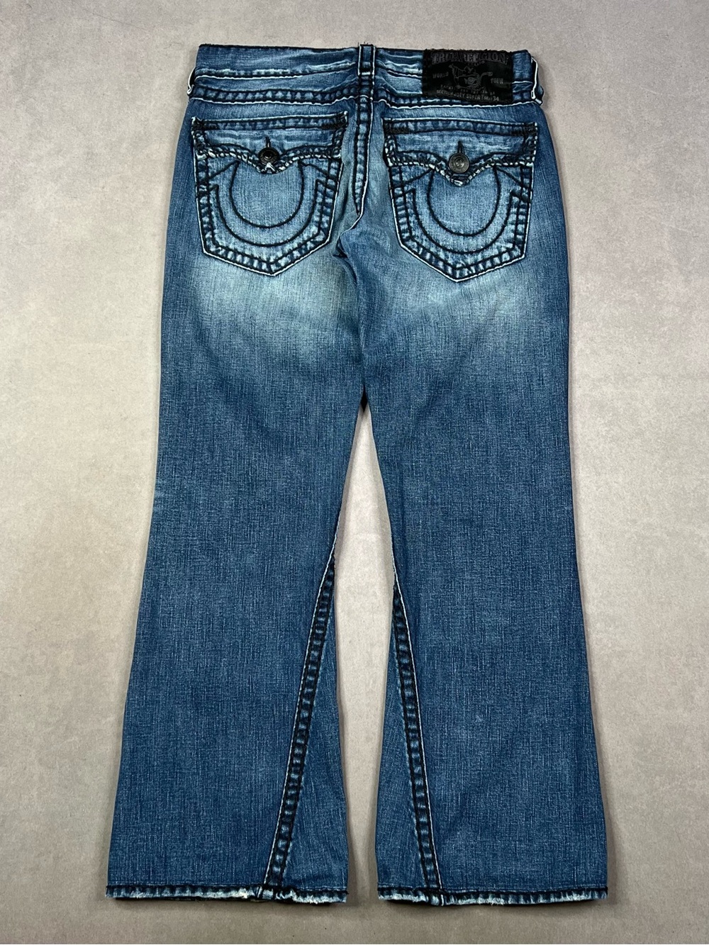 True Religion Women's Medium Blue Flared Jeans with Signature Pocket Stitching